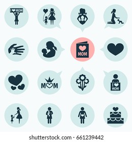 Mothers Day Icon Design Concept. Set Of 16 Such Elements As Heart, Newborn Baby And Helping. Beautiful Symbols For Helping, Heart And Palm.