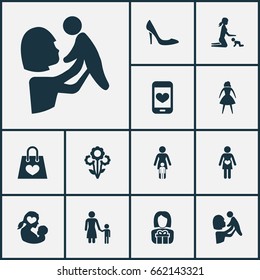 Mothers Day Icon Design Concept. Set Of 12 Such Elements As Kid, Flowers And Cellphone. Beautiful Symbols For Package, Stiletto And Bag.
