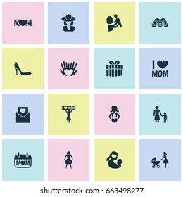 Mothers Day Icon Design Concept. Set Of 16 Such Elements As Gift, Palms And Nanny. Beautiful Symbols For Loving, Headgear And Heart.