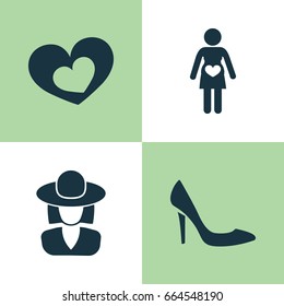 Mothers Day Icon Design Concept. Set Of 4 Such Elements As Shape, Hat And Pregnancy. Beautiful Symbols For Hat, Headgear And Pregnancy.