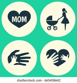 Mothers Day Icon Design Concept. Set Of 4 Such Elements As Text, Helping And Stroller. Beautiful Symbols For Palm, Mom And Heart.