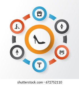 Mothers Day Icon Design Concept. Set Of 7 Such Elements As Placard, Present And Relations. Beautiful Symbols For Palm, Gift And Love.