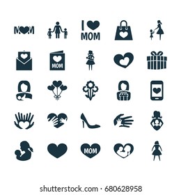 Mothers Day Icon Design Concept. Set Of 25 Such Elements As Text, Female And Lady. Beautiful Symbols For Loving, Protect And Stiletto.