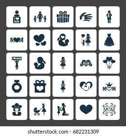 Mothers Day Icon Design Concept. Set Of 25 Such Elements As Daughter, Evening Gown And People. Beautiful Symbols For Baby, Woman And Evening.