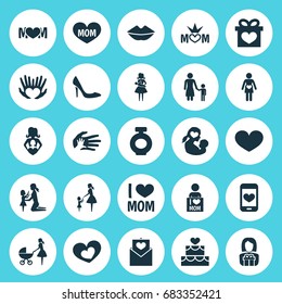 Mothers Day Icon Design Concept. Set Of 25 Such Elements As Letter, Gift To Mother And Palms. Beautiful Symbols For Palm, Present And Fragrance.