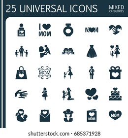 Mothers Day Icon Design Concept. Set Of 25 Such Elements As Kid, People And Pastry. Beautiful Symbols For Envelope, Cake And Balloon.