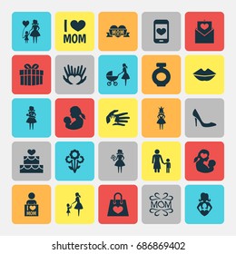 Mothers Day Icon Design Concept. Set Of 25 Such Elements As Mam, Letter And Emotion. Beautiful Symbols For Smartphone, Mother And I.