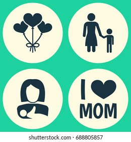 Mothers Day Icon Design Concept. Set Of 4 Such Elements As Madame, Decoration And Protect. Beautiful Symbols For Kid, Protect And Decoration.