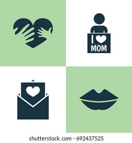 Mothers Day Icon Design Concept. Set Of 4 Such Elements As Hands, I Love Mom, Letter. Beautiful Symbols For Letter, Envelope And Mouth.