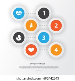 Mothers Day Icon Design Concept. Set Of 4 Such Elements As Female, Baby And Text. Beautiful Symbols For Care, Lady And Heart.