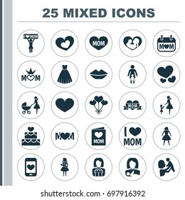 Mothers Day Icon Design Concept. Set Of 25 Such Elements As Mom, Soul And Pastry. Beautiful Symbols For Woman, Decoration And Infant.