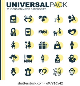 Mothers Day Icon Design Concept. Set Of 25 Such Elements As Stroller, Child And Hat. Beautiful Symbols For Screen, Flower And Plant.