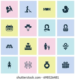 Mothers Day Icon Design Concept. Set Of 16 Such Elements As Madame, Gift And Gift To Mother. Beautiful Symbols For Bottle, Kid And Protect.
