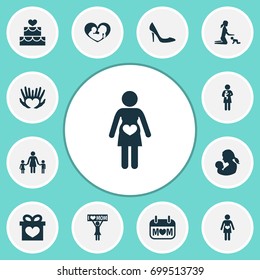 Mothers Day Icon Design Concept. Set Of 12 Such Elements As Present, Placard And Playing. Beautiful Symbols For Mom, Heeled And Care.