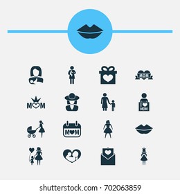 Mothers Day Icon Design Concept. Set Of 16 Such Elements As Loving, Madame And Infant. Beautiful Symbols For Hat, Ribbon And Kid.