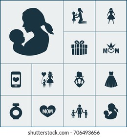 Mothers Day Icon Design Concept. Set Of 12 Such Elements As Mom, Nanny And People. Beautiful Symbols For Mother, Perfume And Children.