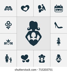 Mothers Day Icon Design Concept. Set Of 12 Such Elements As Flowers, Loving And Heart. Beautiful Symbols For Hat, Headgear And Soul.