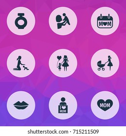 Mothers Day Icon Design Concept. Set Of 9 Such Elements As Fragrance, Stroller And Kid. Beautiful Symbols For Fragrance, Love And Mom.