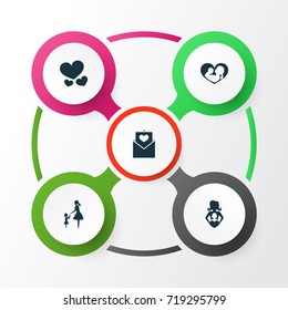 Mothers Day Icon Design Concept. Set Of 5 Such Elements As Infant, Nanny And Lady. Beautiful Symbols For Heart, Soul And Love.