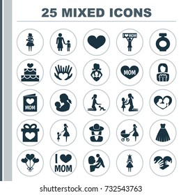 Mothers Day Icon Design Concept. Set Of 25 Such Elements As Stroller, Fragrance And Placard. Beautiful Symbols For Card, Mom And Dress.