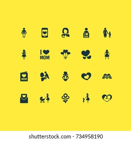 Mothers Day Icon Design Concept. Set Of 20 Such Elements As Madame, Infant And Lady. Beautiful Symbols For Balloon, Card And Care.