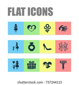 Mothers Day Icon Design Concept. Set Of 12 Such Elements As Child, Helping And Gift. Beautiful Symbols For Palm, Helping And Stiletto.