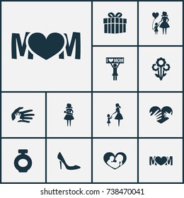 Mothers Day Icon Design Concept. Set Of 12 Such Elements As Design, Child And Placard. Beautiful Symbols For Heeled, Care And Palm.