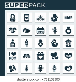 Mothers Day Icon Design Concept. Set Of 25 Such Elements As Loving, Holiday And Gift To Mother. Beautiful Symbols For Hand, Plant And Mother.