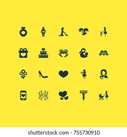 Mothers Day Icon Design Concept. Set Of 20 Such Elements As Stiletto, Pregnancy And Palms. Beautiful Symbols For Hand, Heeled And Pregnancy.