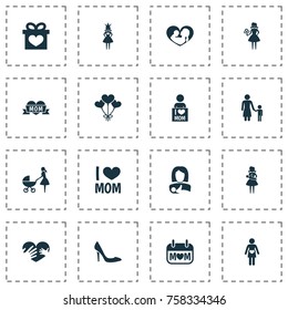 Mothers Day Icon Design Concept. Set Of 16 Such Elements As Stroller, Protect And Woman. Beautiful Symbols For I, Princess And Heart.