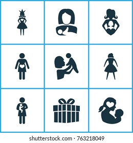 Mothers day icon design concept. Set of 9 such elements as nanny, female and pregnancy. Beautiful symbols for woman, princess and lady.