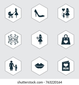 Mothers day icon design concept. Set of 9 such elements as stiletto, woman and stroller. Beautiful symbols for flower, bouquet and baby.