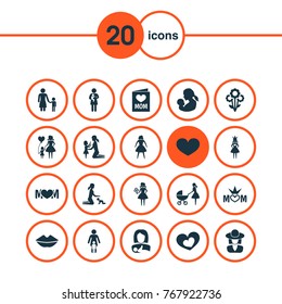 Mothers day icon design concept. Set of 20 such elements as flowers, stroller and child. Beautiful symbols for card, plant and protect.