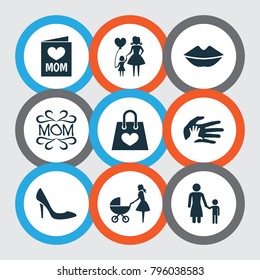 Mothers day icon design concept. Set of 9 such elements as stroller, madame and invitation. Beautiful symbols for lady, baby and text.