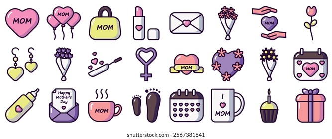 Mother's Day, Icon pack, Line, Colored, Fill, Vector icons, High Quality Icons, Heart, love