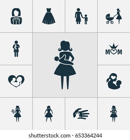 Mother's Day Icons Set. Collection Of Woman, Evening Gown, Female And Other Elements. Also Includes Symbols Such As Child, Palm, Mom.