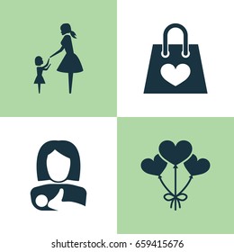 Mother's Day Icons Set. Collection Of Package, Decoration, Protect And Other Elements. Also Includes Symbols Such As Package, Protect, Bag.