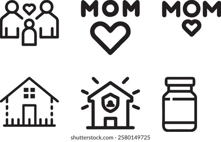 Mothers Day Icons Set with Hearts and Hands Showing Love and Care Flat Vector Icon Set - Minimalist and Stylish Designs