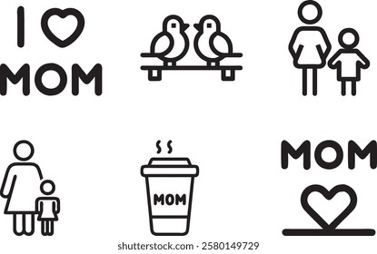 Mothers Day Icons Set with Hearts and Hands Showing Love and Care Flat Vector Icon Set - Minimalist and Stylish Designs