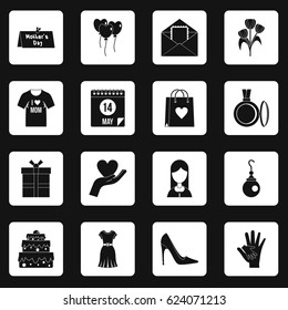 Mothers day icons set in white squares on black background simple style vector illustration