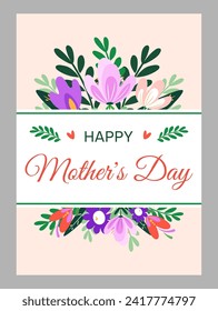 Mother's day. Illustration of a bouquet of bright stylized spring flowers on a delicate peach background.Flat style for banner,print,Women's Day or Valentine's Day card,invitation.Vector illustration