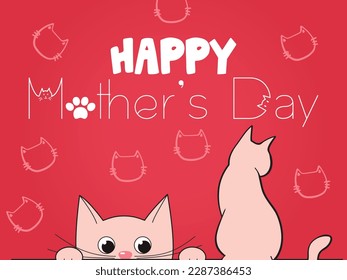 Mother's Day Illustration in Cat Font with a Cat mom and her kitten on pink background