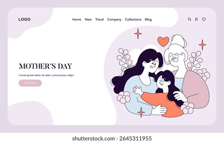 Mother's Day illustration featuring a loving family moment among three generations. The image conveys warmth, connection, and celebration of mothers, making it perfect for Mother's Day themes. Vector