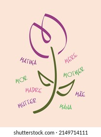 Mother's Day Illustration of a Flower and Word Mother in Various Languages