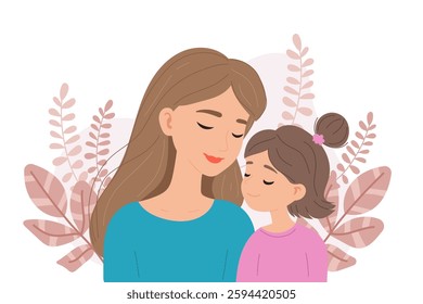 Mother's Day illustration with loving mom and her young daughter, surrounded by pastel-toned plants. Happy mom illustration with moments of emotional expression of mother's love. For greeting card.