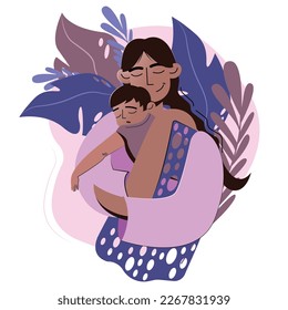 Mother's day illustration, mother hugging son, mother and son, sleeping baby