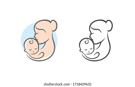 Mother's Day illustration. Mother hugs baby. White background. 