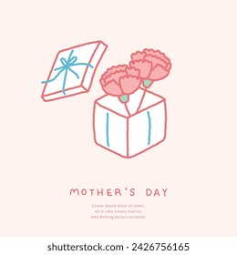 Mother's day illustration template with gift box and carnation.