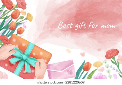 Mother's day illustration in watercolor style with cute flowers, letter, and hands wrapping up a gift.