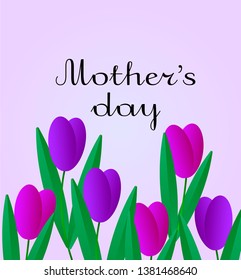 Mother's day. inscription on pink background with purple tulips. Spring poster. Vector illustration.